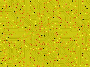 an abstract pattern based on a circuit board, with red, orange, and yellow nodes and a green background