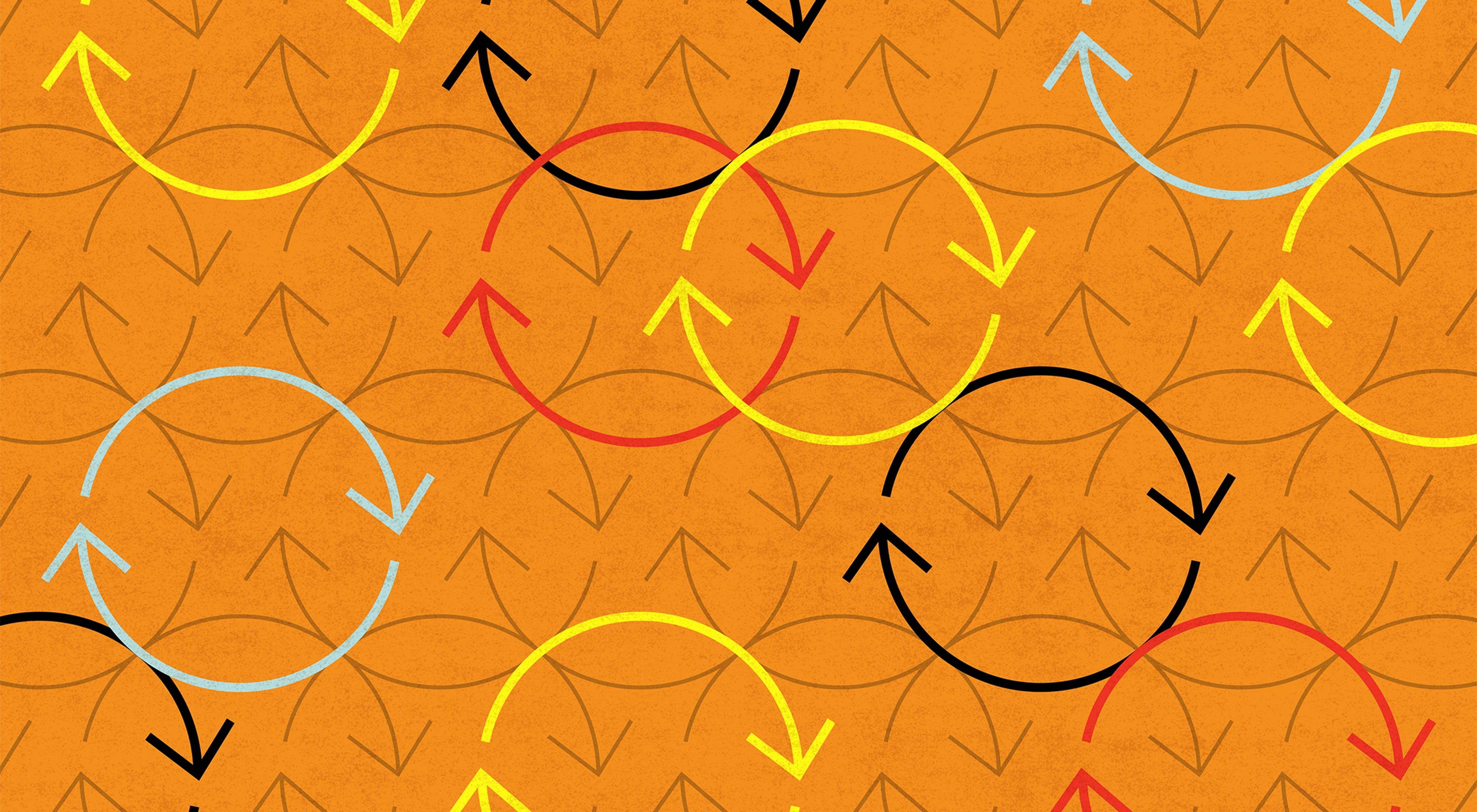 A pattern of circular arrows overlapping against an orange background