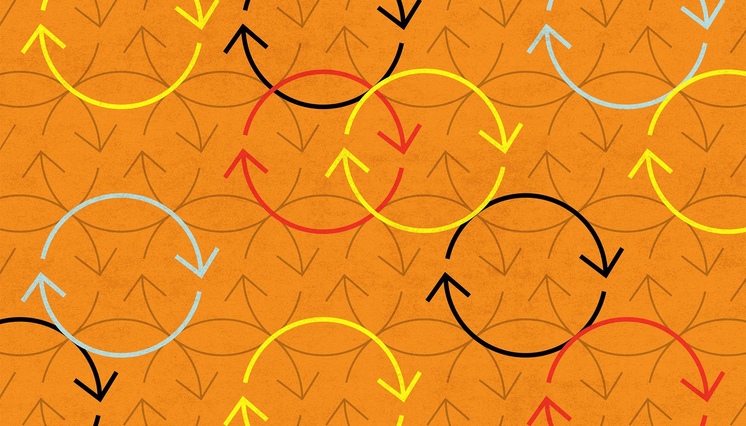A pattern of circular arrows against an orange background