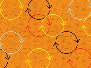 A pattern of circular arrows against an orange background
