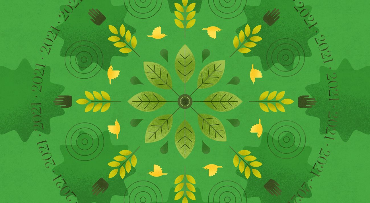 ilustración de elementos de la naturaleza, como hojas y aves