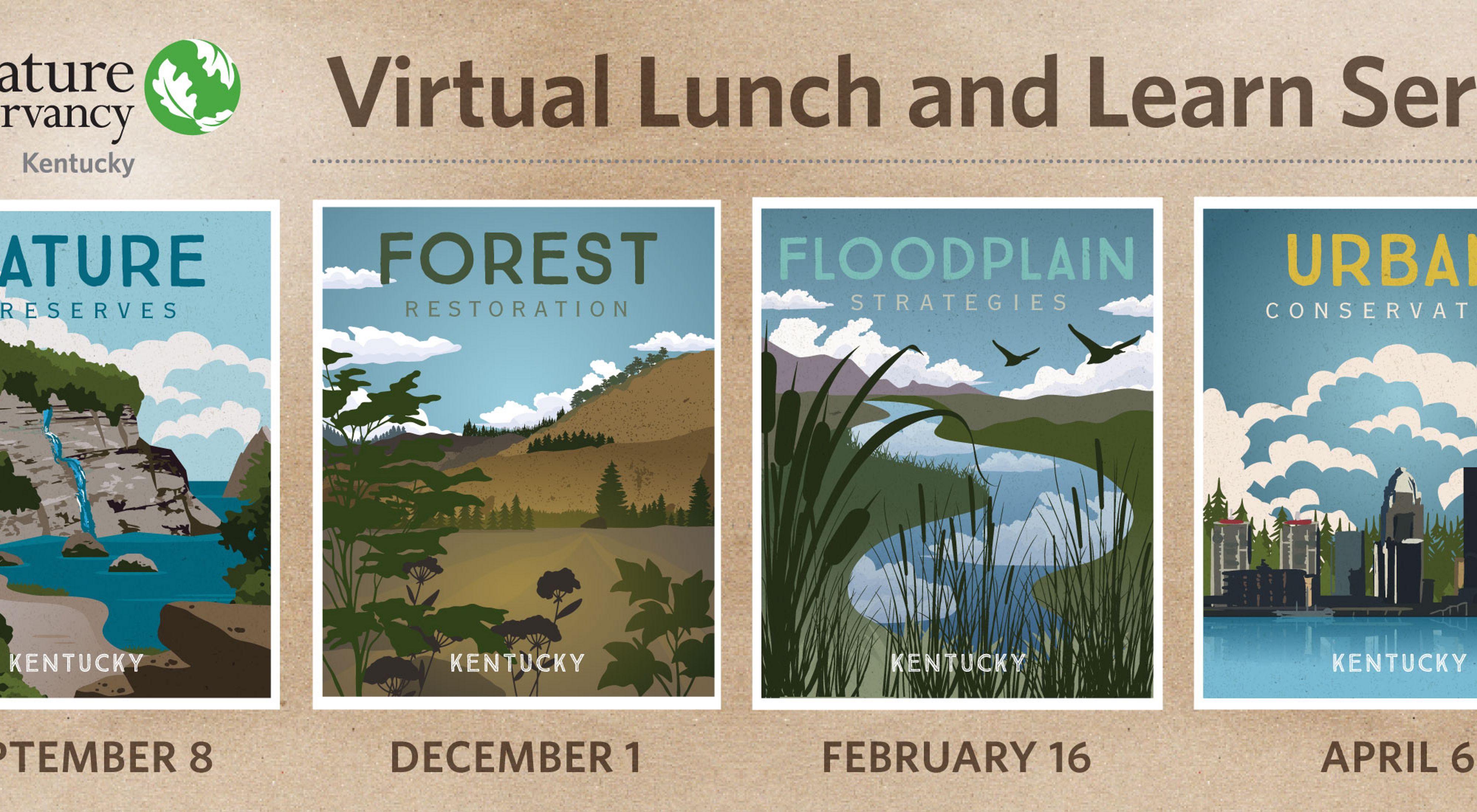 Illustrations showing subject matter of four upcoming Lunch and Learn presentations: Nature Preserves, Forest Restoration, Floodplain Strategies, and Urban Conservation.