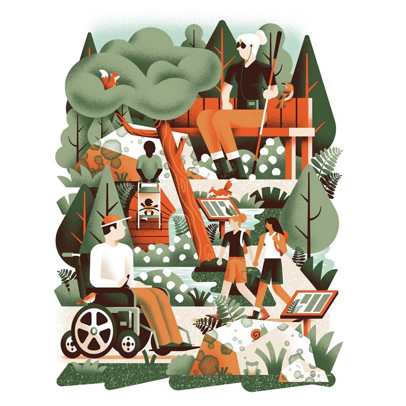An illustration shows a park with diverse users, including someone in a wheelchair and another one with a white cane.