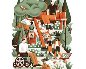 An illustration shows a park with diverse users, including someone in a wheelchair and another one with a white cane.