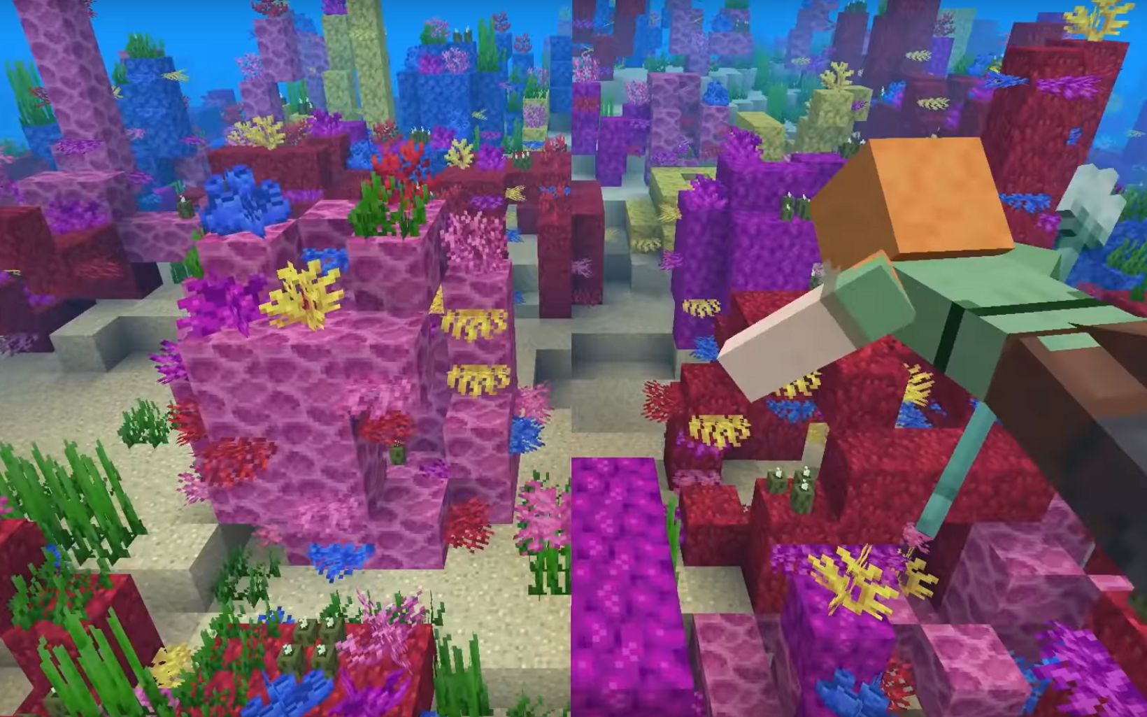 Minecraft’s in-game oceans include five new coral reefs to build – staghorn, brain, fire, bubble and tube. 