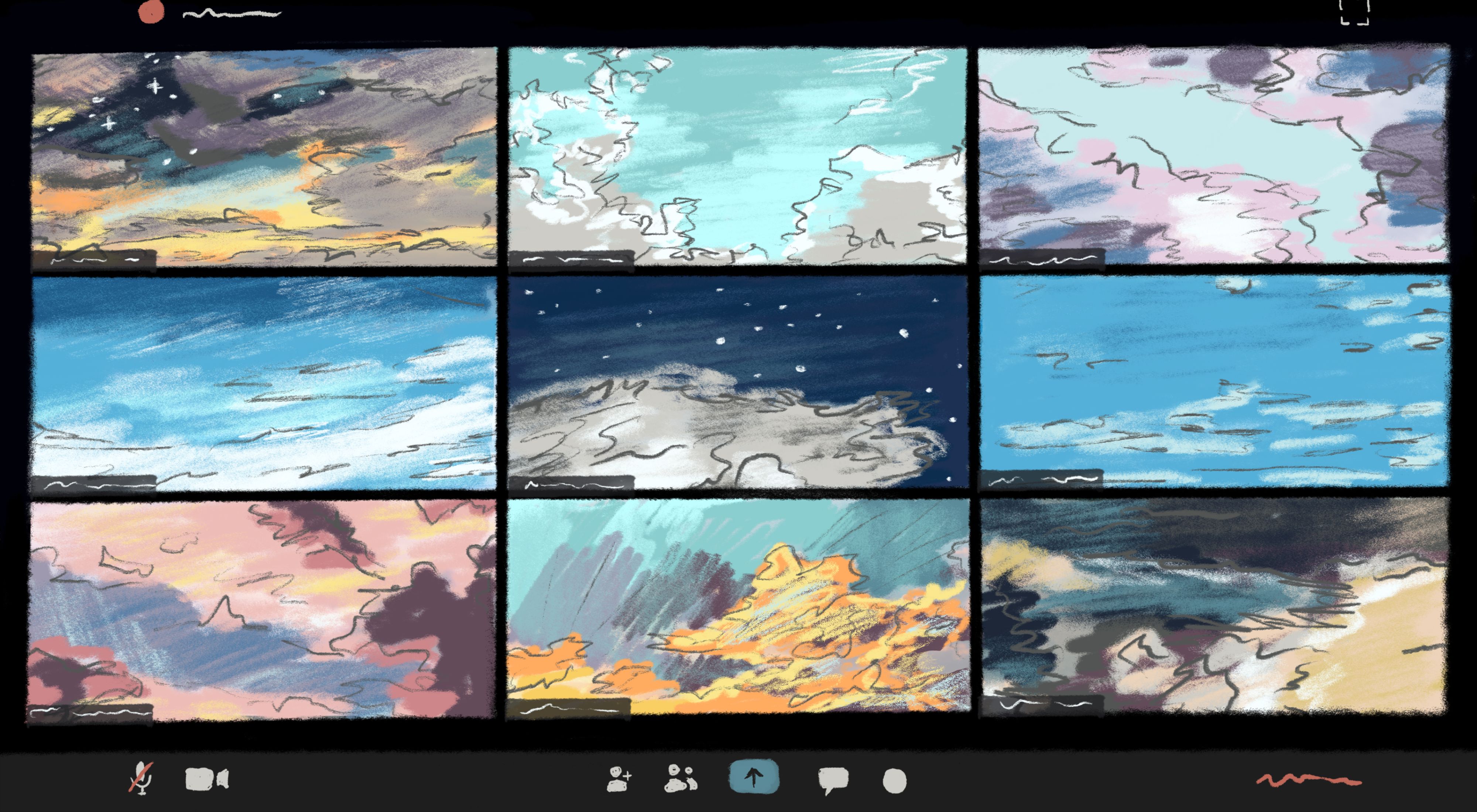 An illustration of a video chat interface with different sky scenes in the video frames against a black background.