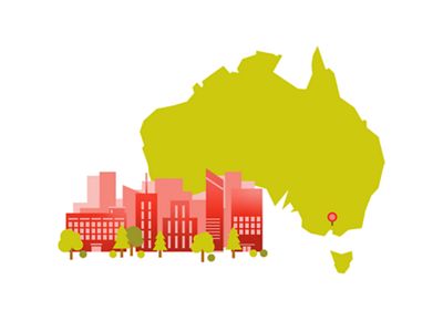 illustration with outline of australia and city skyline