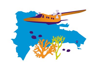 illustration with outline of DR, corals, and plane