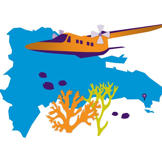 illustration with outline of DR, corals, and plane