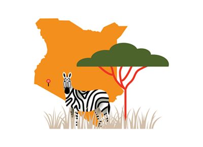 illustration with outline of Kenya, acacia tree & zebra