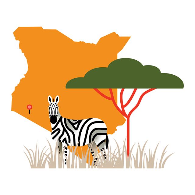 illustration with outline of Kenya, acacia tree & zebra