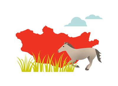 illustration with outline of mongolia, grass, and horse