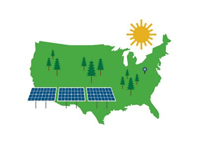 illustration with outline of U.S, solar panels and tree