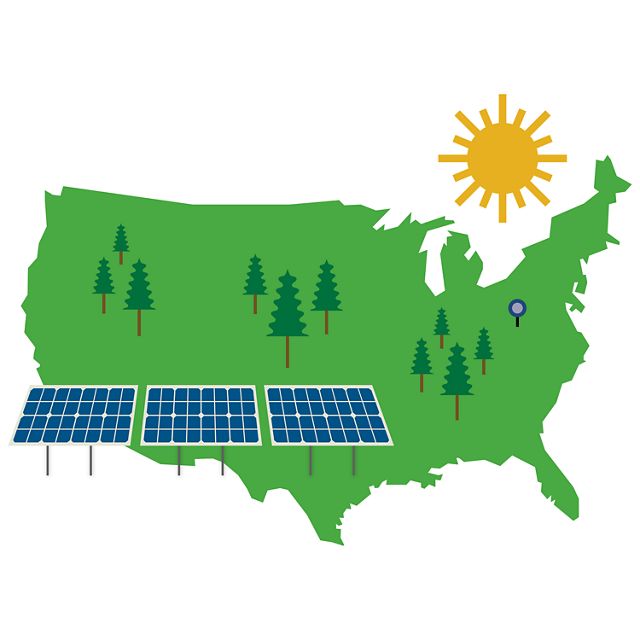 illustration with outline of U.S, solar panels and tree