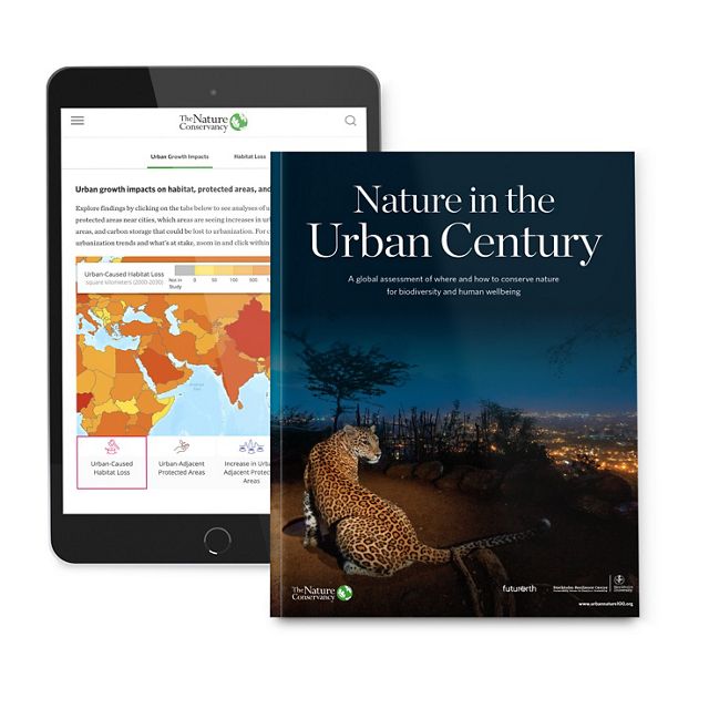 screenshot of a tablet with a data map of Eastern Hemisphere countries, and a report cover titled Nature in the Urban Century