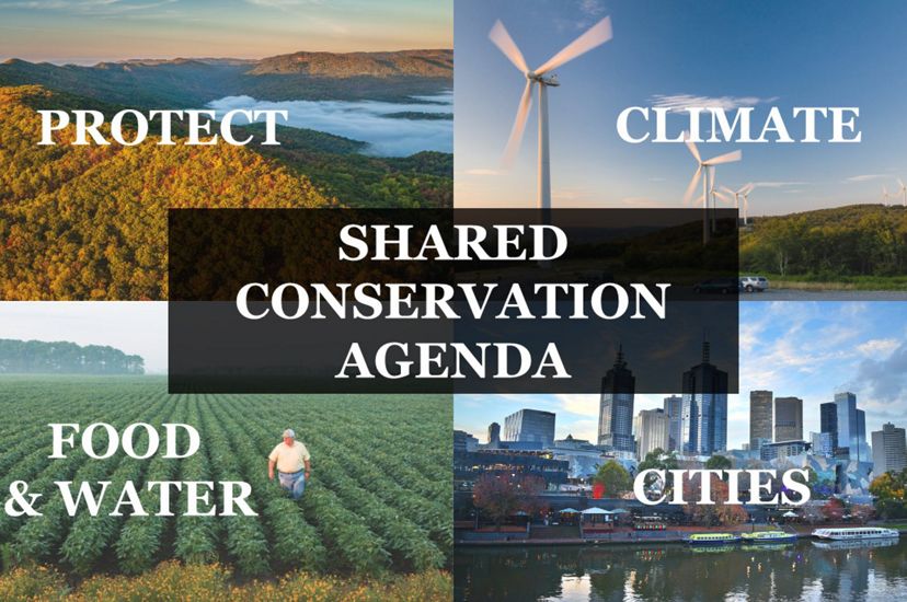 The Nature Conservancy priorities: protect land and water, tackle climate change, provide food and water sustainably, and bu