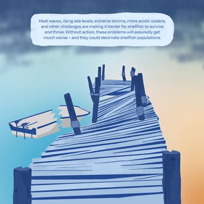 A drawing of stormy skies, a boat broken in two, and a broken dock.