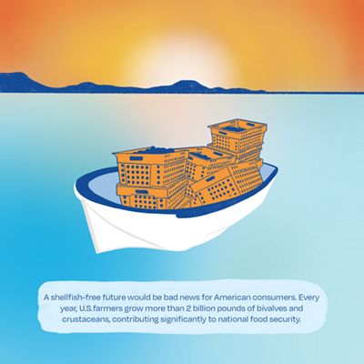 A drawing of a boat filled with baskets of oysters.
