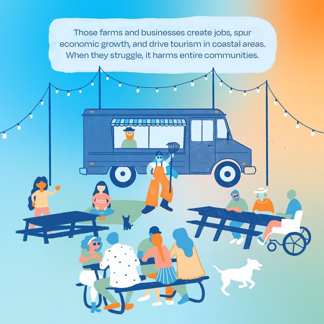 A drawing of a food truck and people seated at picnic benches.