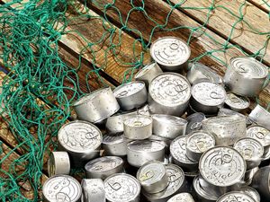 Tuna cans are "caught" in a green net