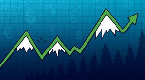 illustration of a jagged green line reminiscent of a stock market graph. The angles also create a mountain ridge-line with snow-capped peaks. In the background is a blue graphing paper grid, the outline of a coniferous forest, and various currency symbols such as the dollar and euro signs.