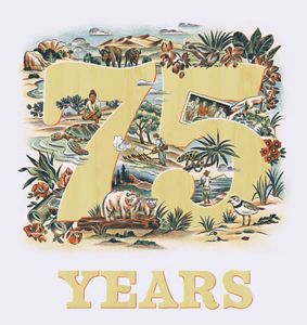 an illustration of animals and landscapes surrounding text of "75 Years".