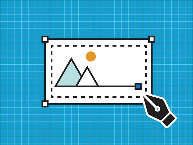 Vector art graphic of a pen drawing a landscape with mountains and the sun on a blue grid background