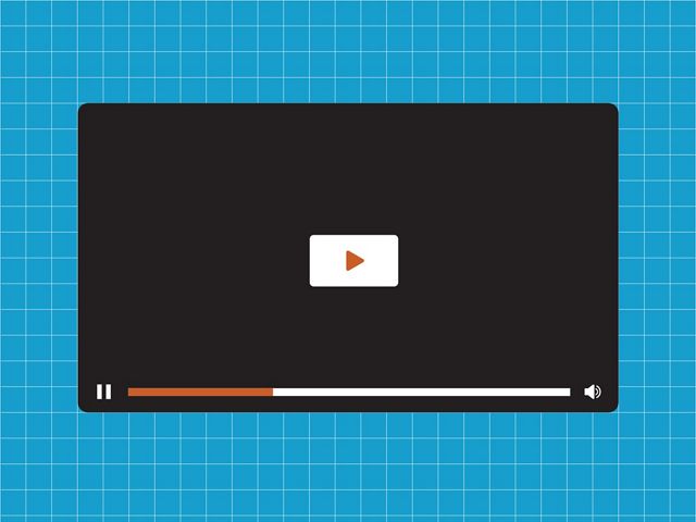 Vector art graphic of a video with play button controls on a blue grid background