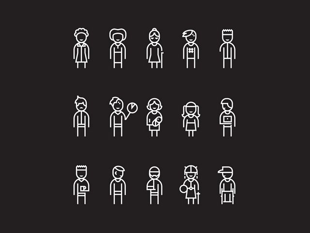 Graphic of various stick figure people of different abilities and life stages on a black background
