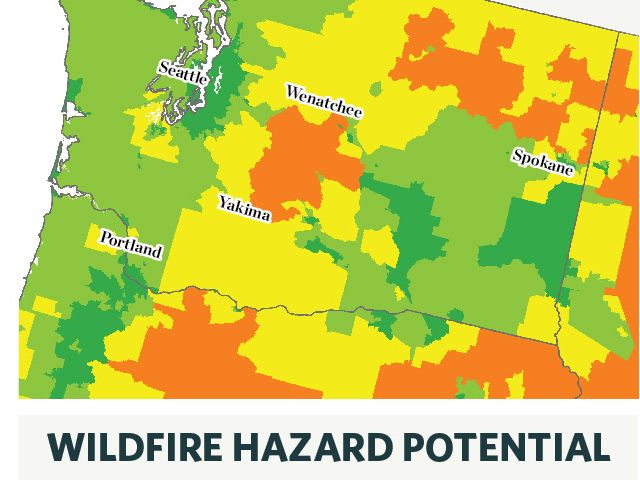 This map on the left shows wildfire potential across Washington, considering factors such as burnable fuels on the landscape, vegetation, weather and historic fire activity. This map on the right adds socioeconomic considerations to show wildfire vulnerability as a measure of how likely an area is to adapt and recover. (Gray represents places where hazard is low.)