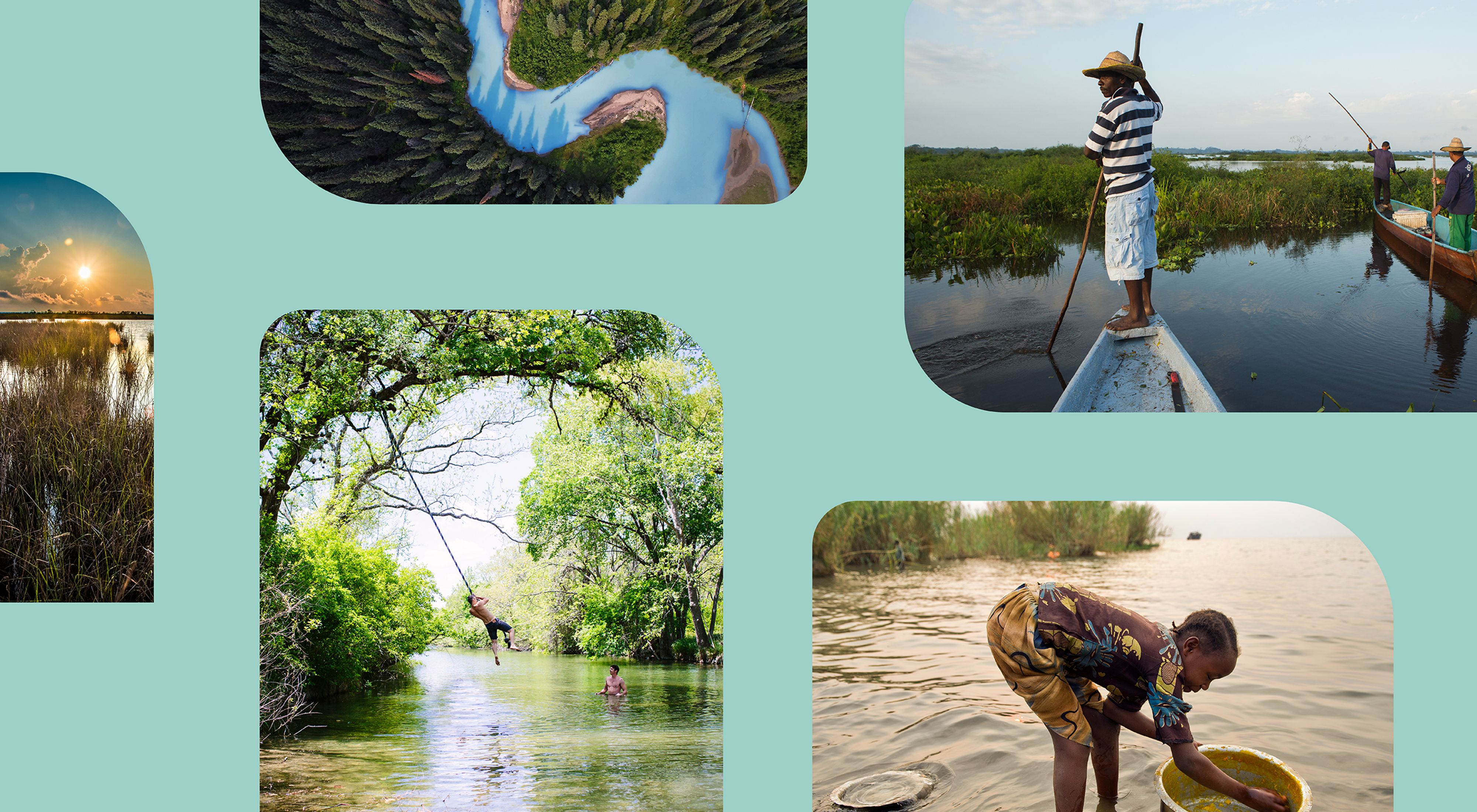 a collection of photos of freshwater, including aerial view of a river, a man standing on a small boat, a marsh, and a young girl collecting water