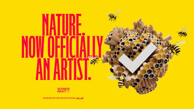Yellow rectangle with bees and honeycomb with the text "Nature. Now Officially an Artist."
