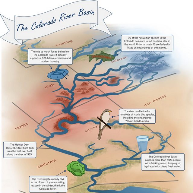 Graphic showing many benefits of the Colorado River Basin such as its ability to support a $26B recreation and tourism industry, hundreds of iconic species of bird, fish, and more, and fresh water for over 40M people and 5M acres of land.