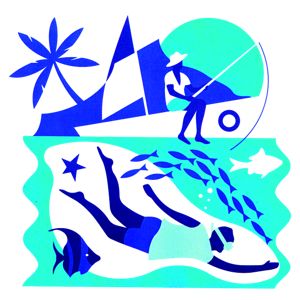 An illustration of people fishing and diving 