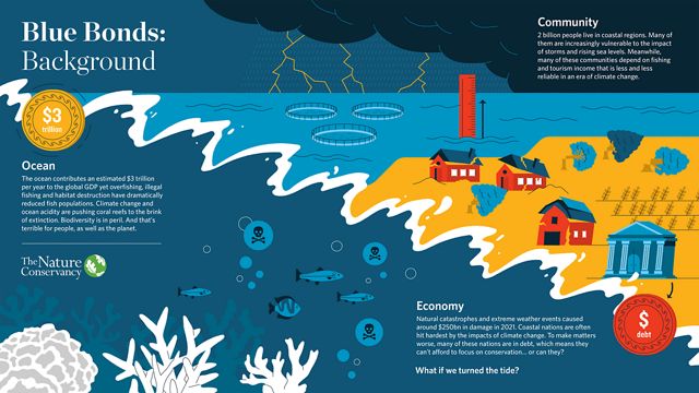 An infographic showing degraded ocean environment and damaged coast with three blocks of text that set up the three areas of concern for Blue Bonds: the ocean, economy, and community