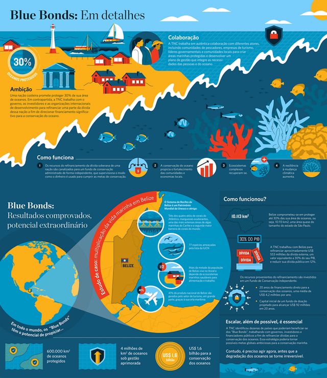 A large infographic showing a healthy ocean and coastal ecosystem and blocks of text about the opportunity of Blue Bonds: ocean protection commitments and collaboration with diverse stakeholders.