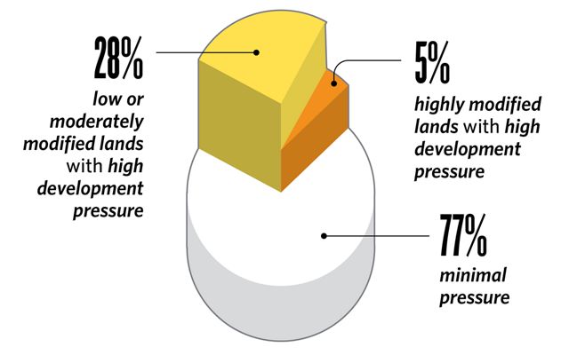 Pie chart graphic with three sections, highlighting high development potential for 28% moderately modified lands & 5% of highly modified land, and 77% having minimal pressure