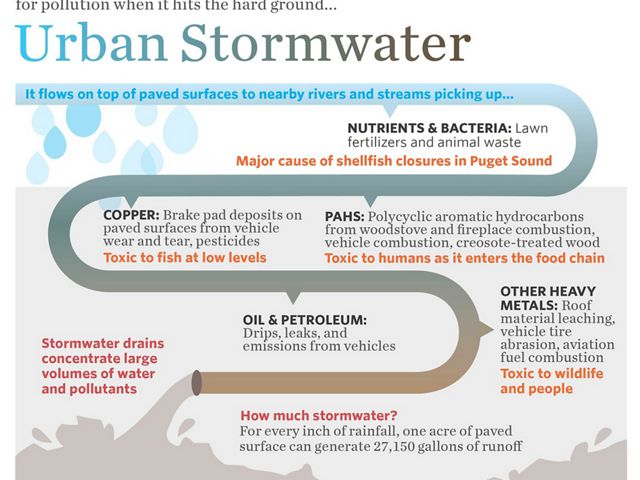 Rainfall turns from a natural resource to a vehicle for pollution when it hits the hard ground.