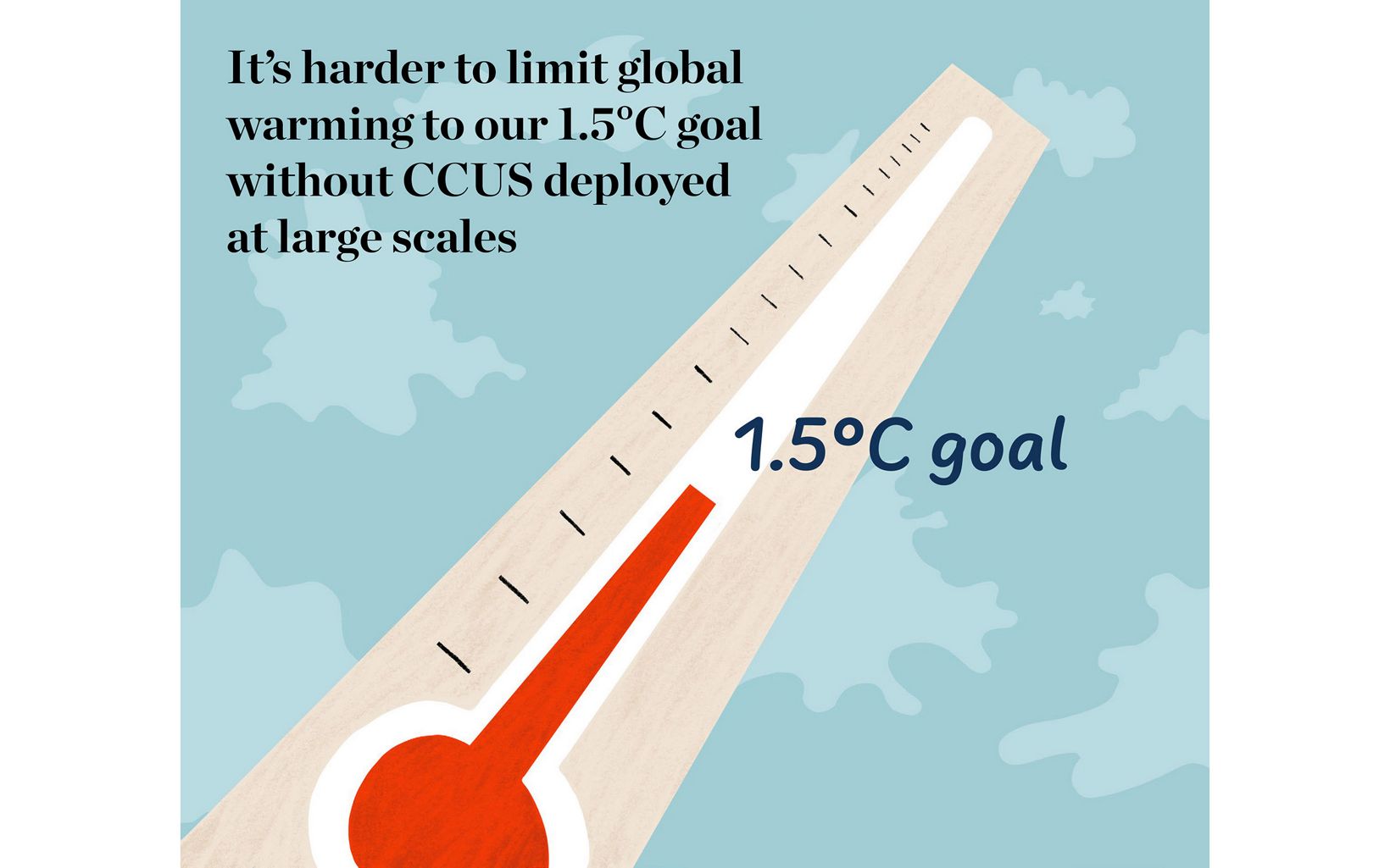 Illustration of a large thermometer, marked with the 1.5°C goal.