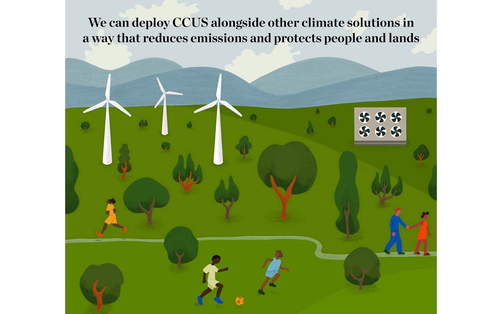 Illustration of an outdoor scene showing wind turbines, trees, mountains and people recreating in the foreground.