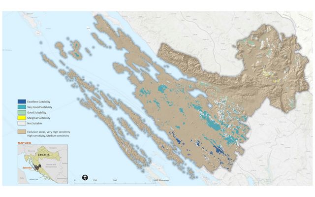 map showing area of suitability for solar power in Croatia