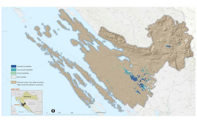 map showing area of suitability for wind power in Croatia