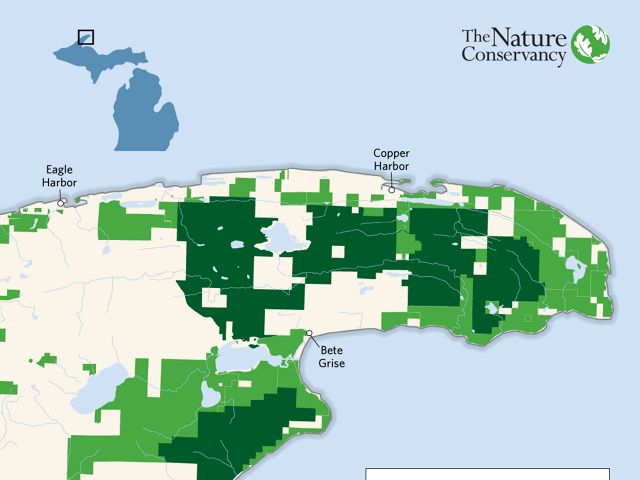 Map of the Keweenaw that outlines newly protected lands and existing protected lands. 