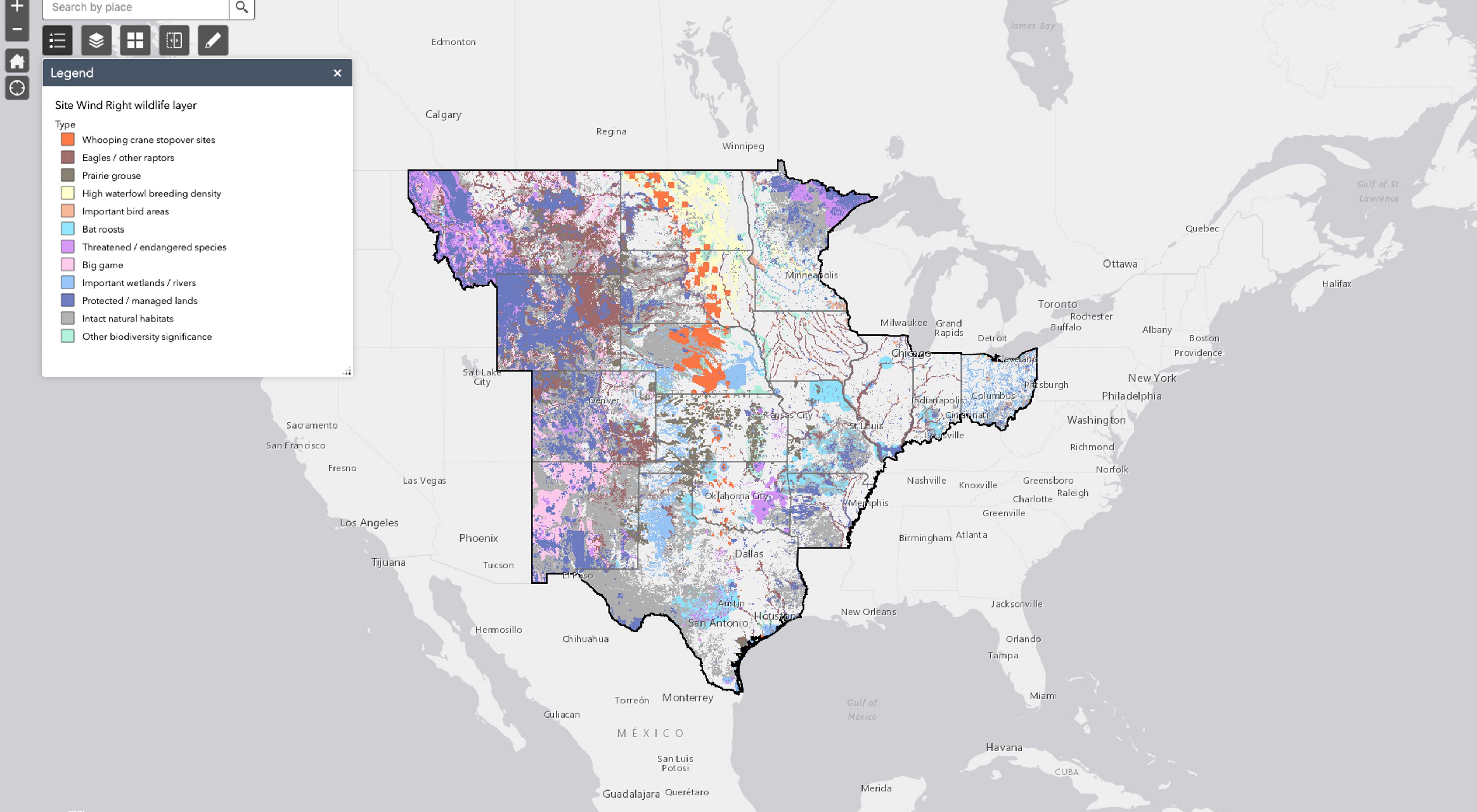 Map of the Site Wind Right tool's wildlife layers in the central U.S.