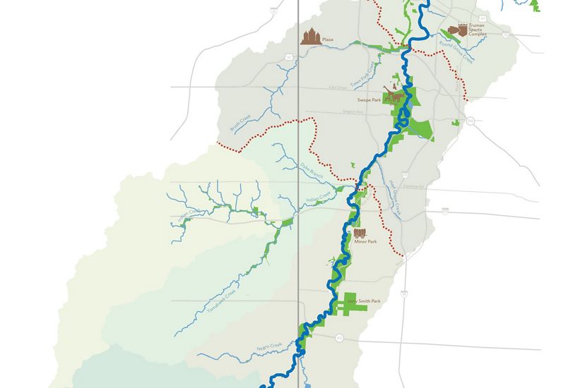 A map of the Blue River beginning in Johnson County, Kansas and flowing northeast through Kansas City, Missouri.