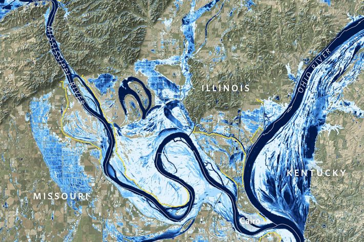 Map of the Mississippi River near Cairo, Illinois showing frequency of flooding in blue.