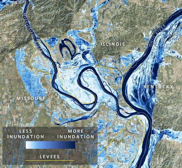 Map of the Mississippi River near Cairo, Illinois showing frequency of flooding in blue.