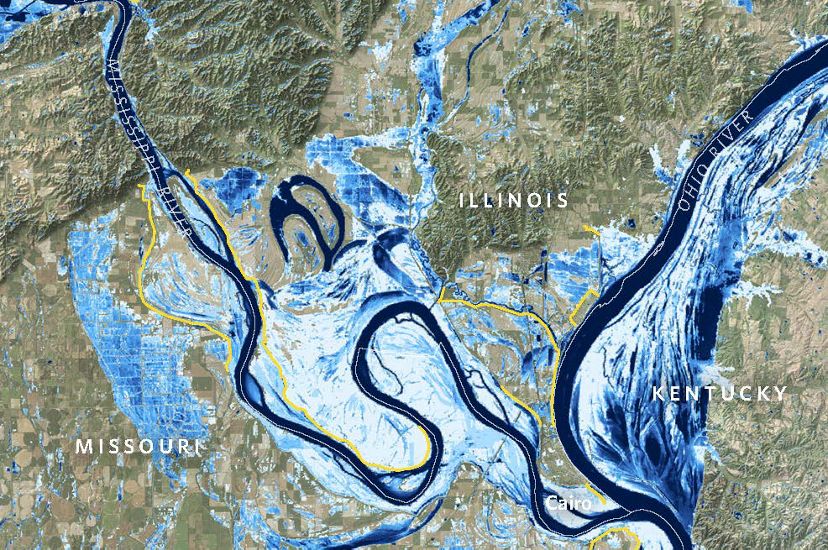 A map of the Mississippi River near Cairo, Illinois, shows areas that have been inundated in blue.
