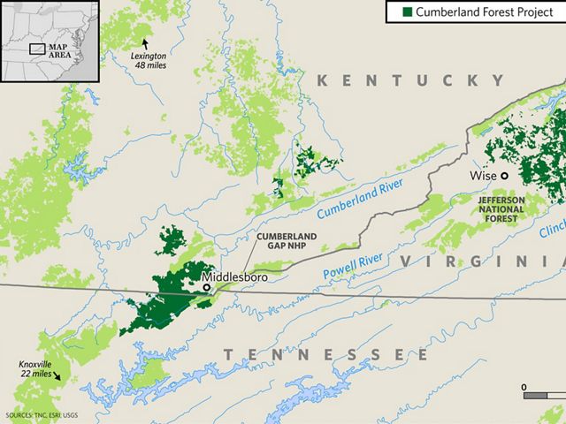 Map of the Cumberland Forest Project area showing 253,000 new acres of protected forest in Kentucky, Virginia & Tennessee.