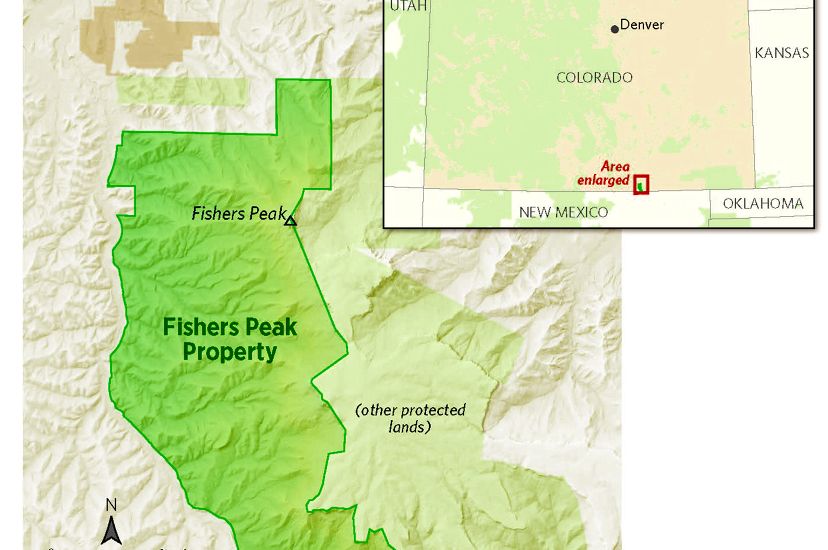Map of Colorado showing Fishers Peak in the southeast corner of the state